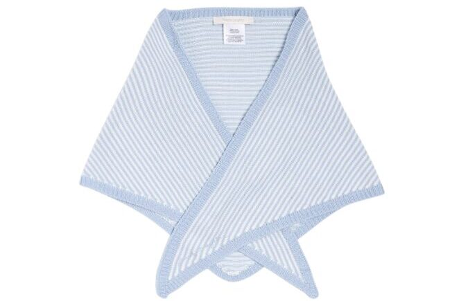 Light blue and white striped knit shawl laid flat in an overlapping wrap design