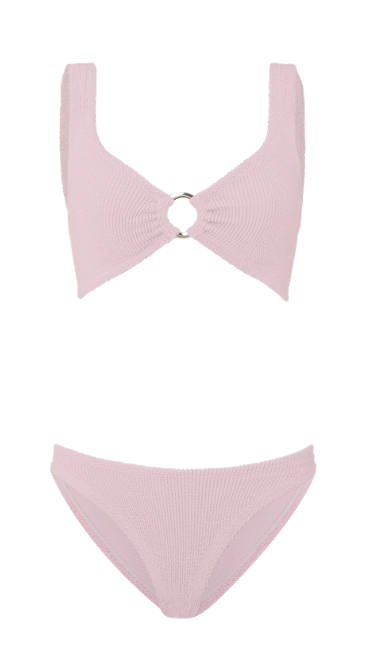 Light pink knit bikini set with a twisted front top featuring a ring detail and matching high-cut bottoms.
