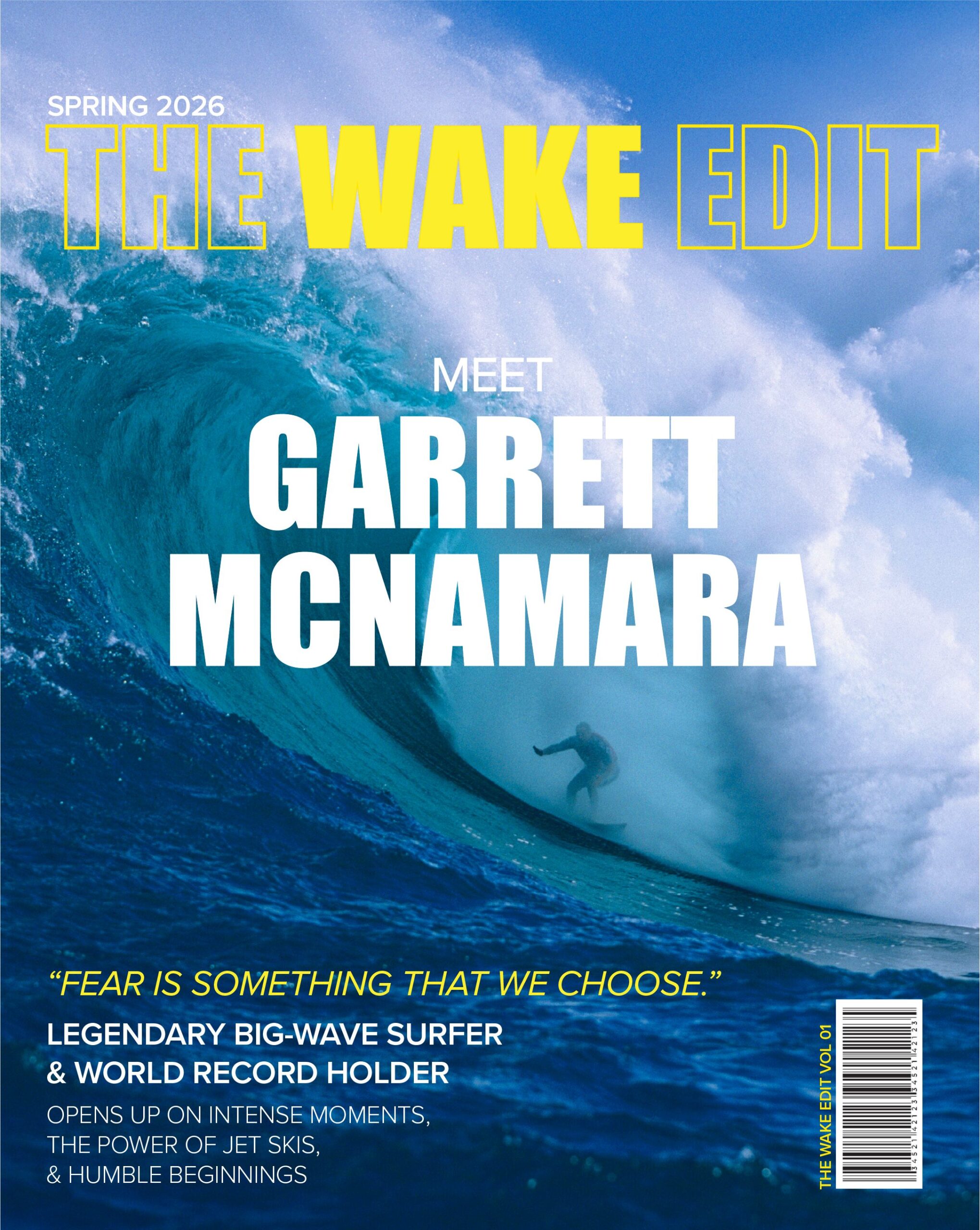 Garrett McNamara Spring 2026 cover of The Wake Edit surfing a big wave