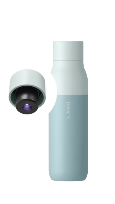 Light blue LARQ self-cleaning water bottle with its cap removed, exposing the UV-C lid.