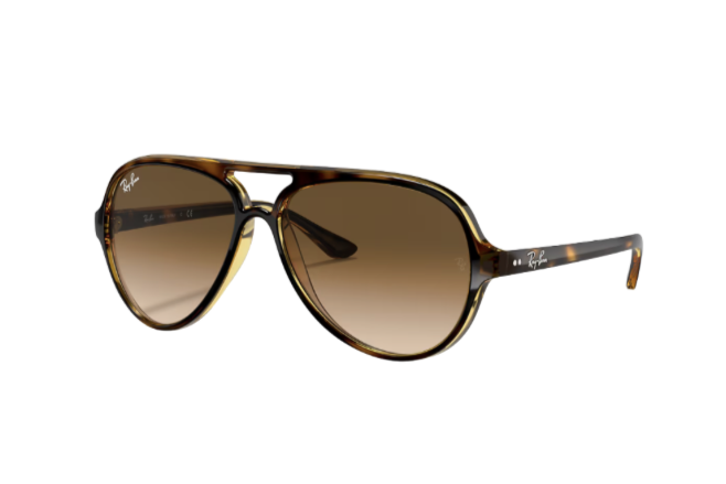 Brown tortoiseshell Ray-Ban aviator sunglasses with gradient brown lenses on a white background.