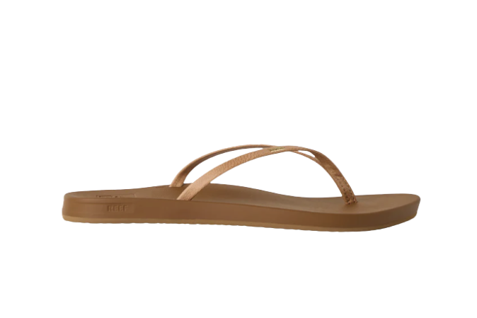 Brown thong sandal with a flat sole and slim straps on a white background