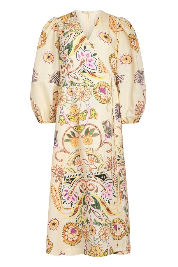 Cream midi dress with colorful floral and paisley print and puff sleeves at the elbows.