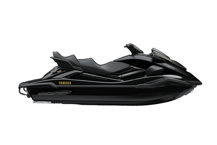 Side view of a black Yamaha WaveRunner personal watercraft with sleek, low-profile design