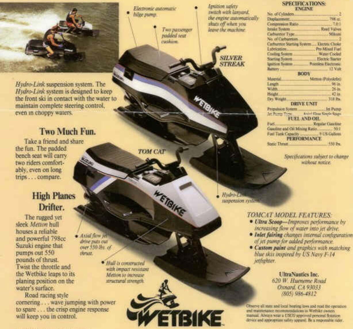 Two Wetbike watercrafts displayed on a yellow ad background with product features and specs surrounding them.