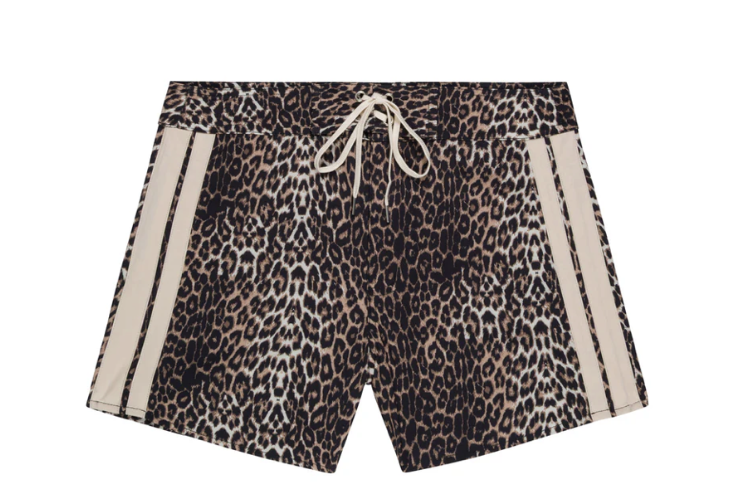 Baben - The Wake Edit Leopard-print shorts with cream stripes down the sides and a drawstring waistband, laid flat on a white background, front view