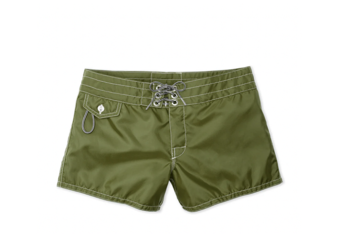 Birdwell - The Wake Edit Olive green lightweight shorts with a lace-up front and white contrast stitching; includes a small side pocket with a metal ring and button loop.