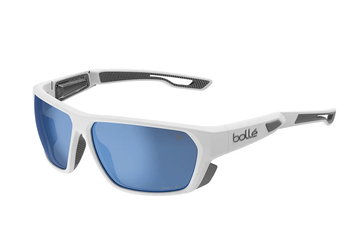 Bollejpg - The Wake Edit White sporty sunglasses with blue mirrored lenses and Bollé branding on the temple