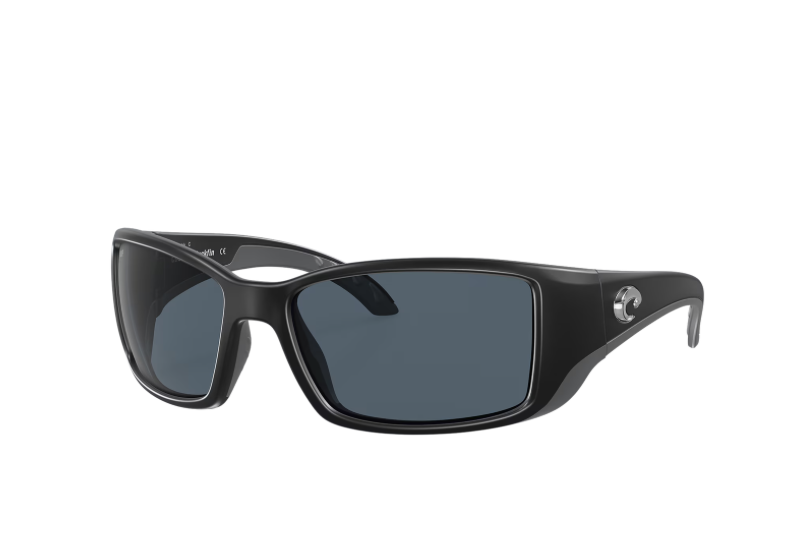 Costa Del Mar - The Wake Edit Black wraparound sunglasses with dark blue lenses and a silver logo on the temple