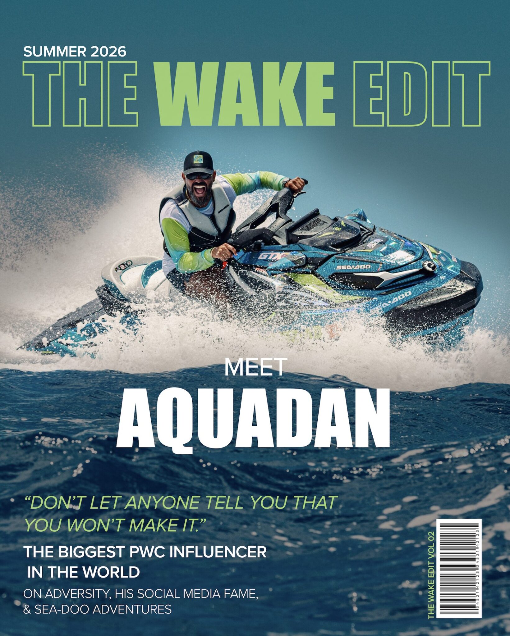 Screenshot - The Wake Edit Man wearing life vest and cap rides a blue jet ski, creating a spray of water on a magazine cover with bold green title THE WAKE EDIT