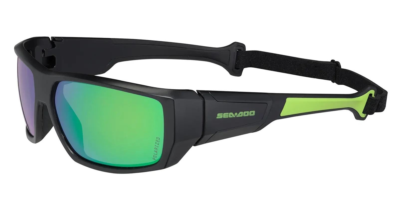 SeaDoo - The Wake Edit Black athletic goggles with green mirrored lenses and adjustable strap, branded Sea-Doo, for water sports protection. (Informative)