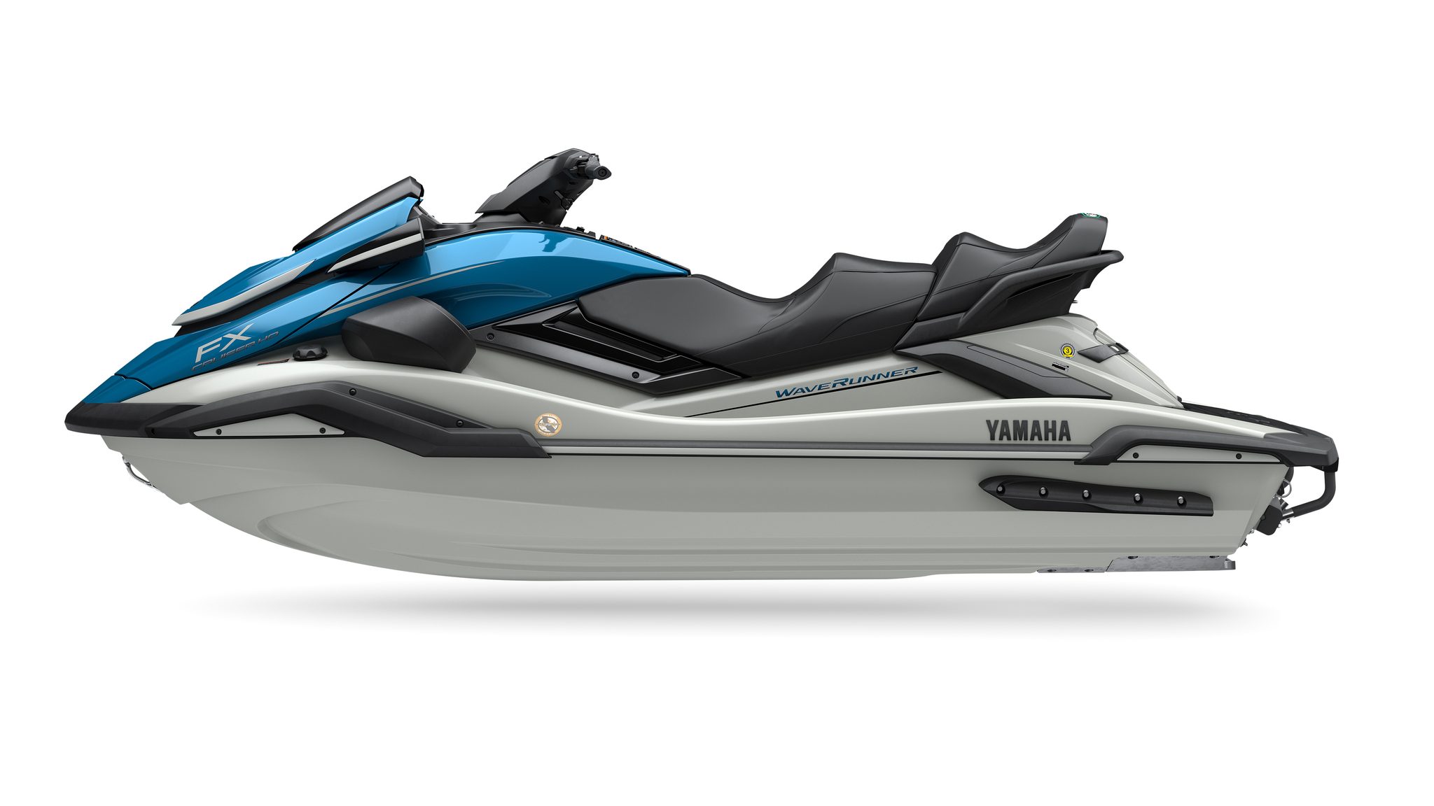 82_2027_FX1900A-D_PRLB_NA_11_YY_23 - The Wake Edit 2027 Yamaha FX Cruiser HO in Pearl and Lagoon Blue, side profile with the two-piece Cruiser seat