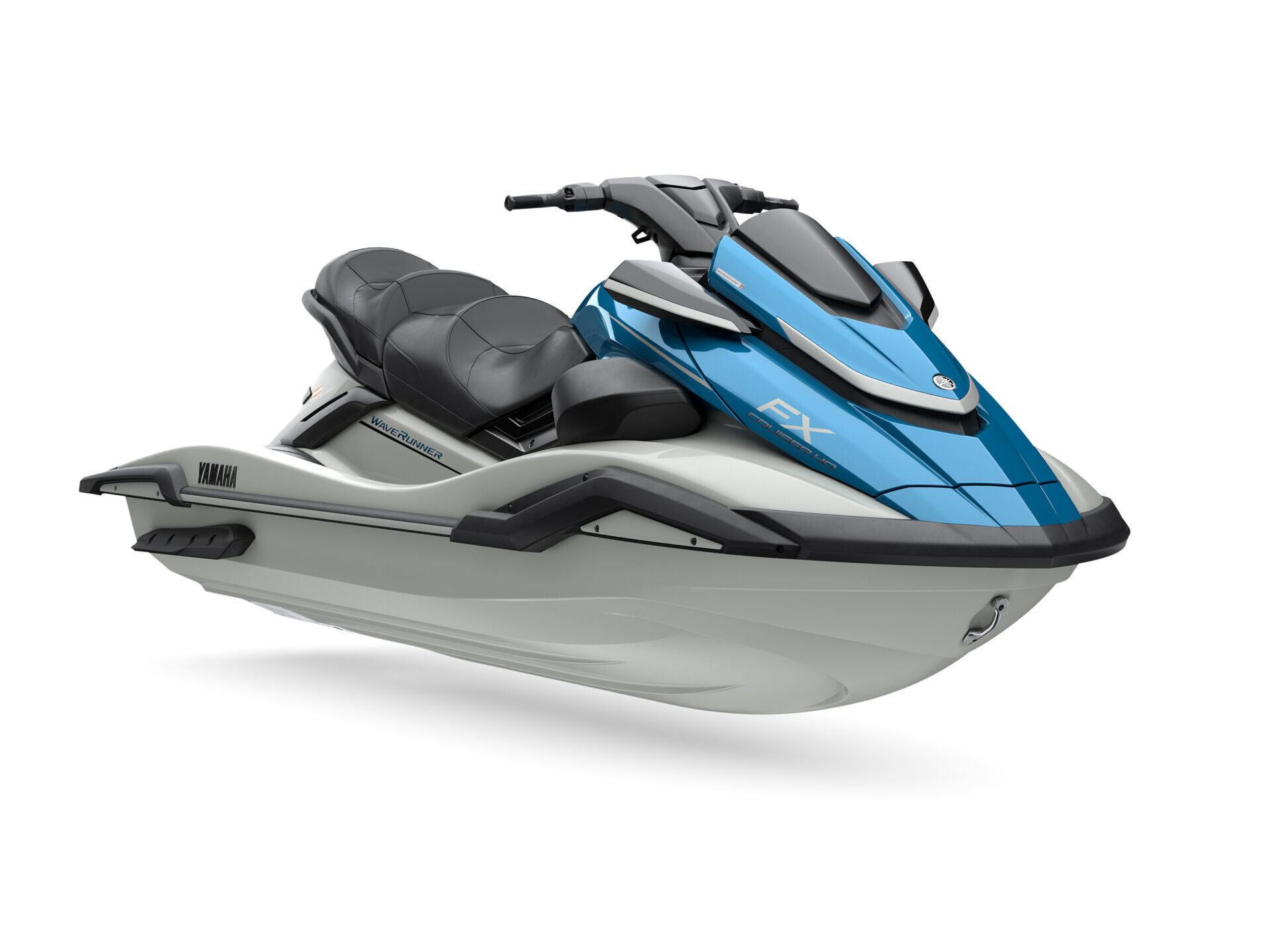 82_2027_FX1900A-D_PRLB_NA_11_YY_35 - The Wake Edit 2027 Yamaha FX Cruiser HO in Pearl and Lagoon Blue, front three-quarter view showing the handlebars and two-piece seat